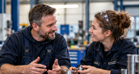 Een vakman en een leerling praten met elkaar aan een werktafel