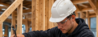Vakman met bouwhelm in een houtconstructie