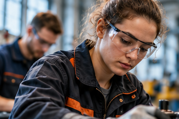 Jonge technica met veiligheidsbril werkt geconcentreerd aan een machine