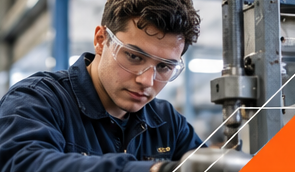 Leerling met veiligheidsbril in een werkplaats